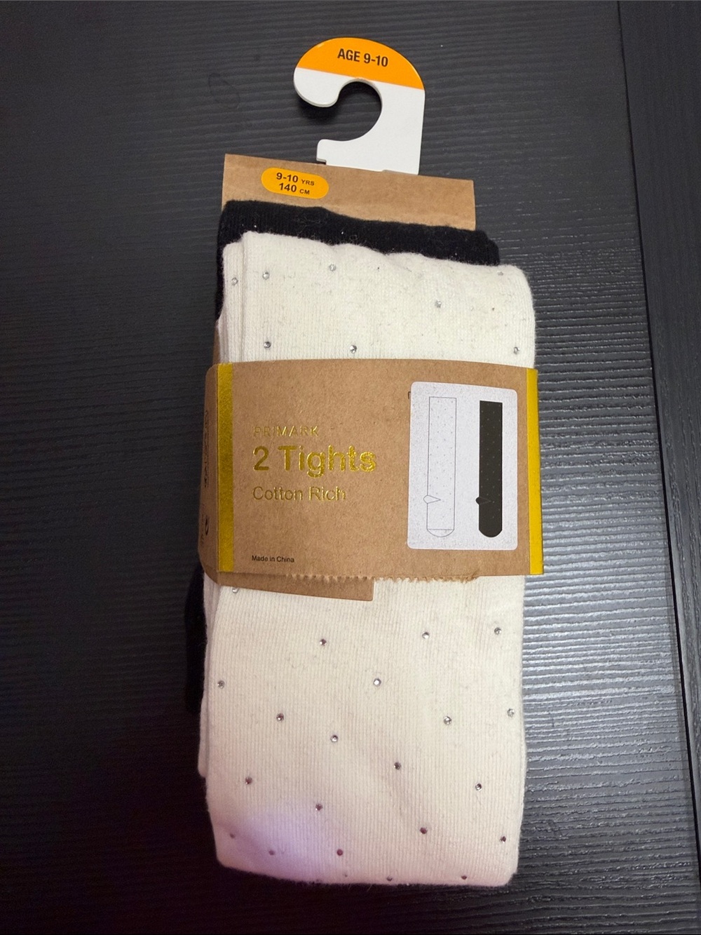 Primark Girls' Cream and Black Cotton-Rich Tights with Sparkle Dots SZ 9/10 NEW